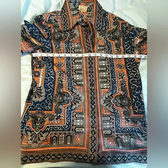 VTG 1970’s Women’s Paisley Geometric Orange Blue Button Down. Pointed Collar. - Picture 8 of 10